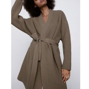 Zara Brown Ribbed Open Front Belted Knit Wrap Cardigan